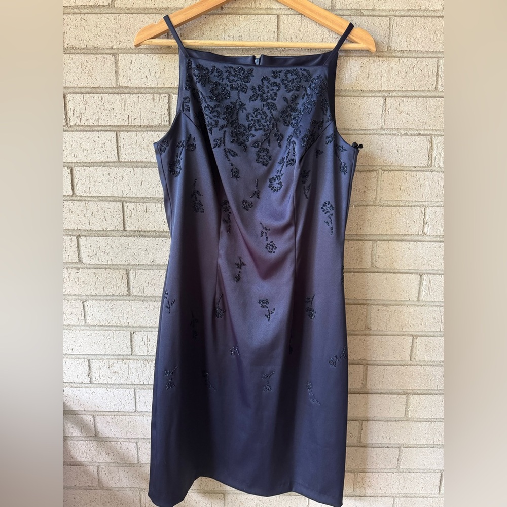 Vintage 90s Navy Beaded Slip Dress Square Neck Satin Mini Y2K Whimsigoth
